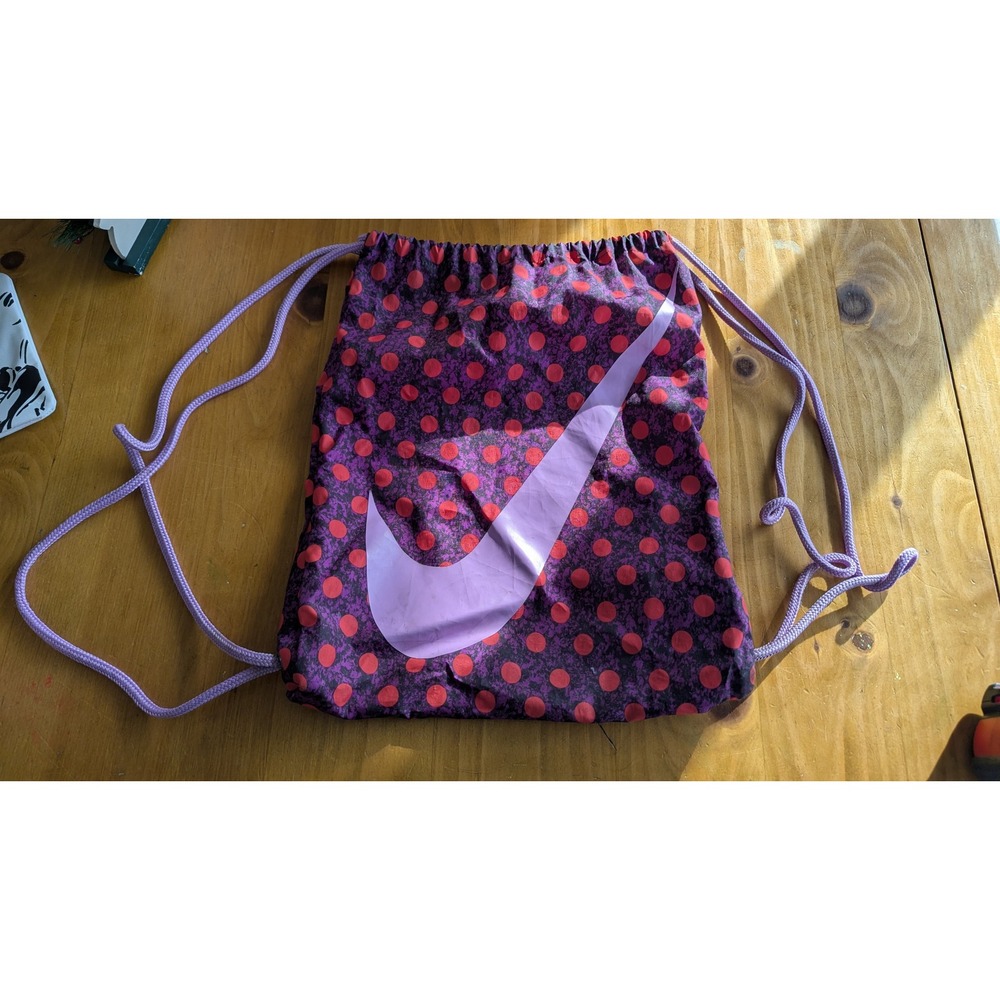 Nike Drawstring Bag Purple Red Polka Dot Oversized Swoosh Cinch Sack Sporty